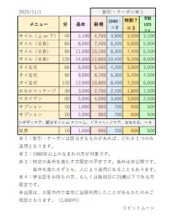メニュー・金額改定の一覧です。2025/11/1~