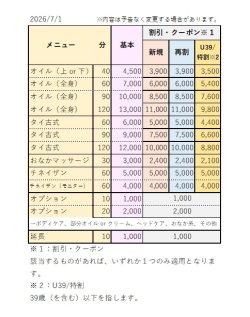 メニュー・金額改定の一覧です。2026/7/1~
